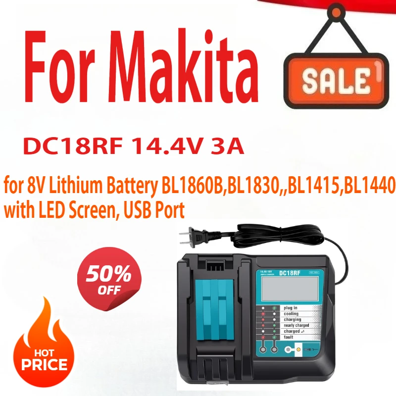 

DC18RF Li-ion Super Fast Charger for Makita 14.4V-18V Lithium Battery BL1860B,BL1830,,BL1415,BL1440 with LED Screen, USB Port