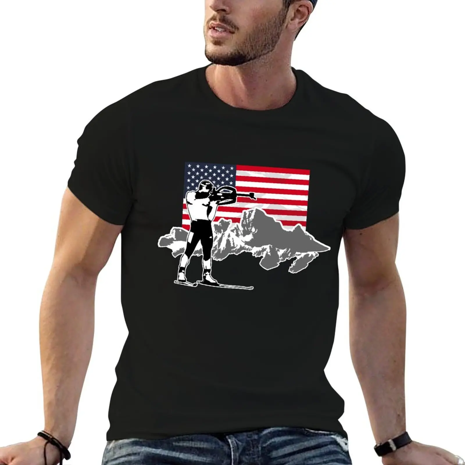 

Biathlon - USA Flag T-Shirt boys animal print kawaii clothes blue archive quick drying men t shirts