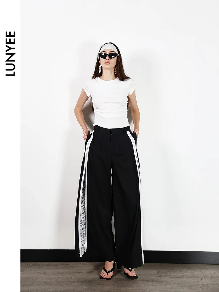 

Брюки LUNYEE: Свободные, с кружевными вставками, регулируемые, синие, широкие, повседневные, универсальные, модные, прямые.