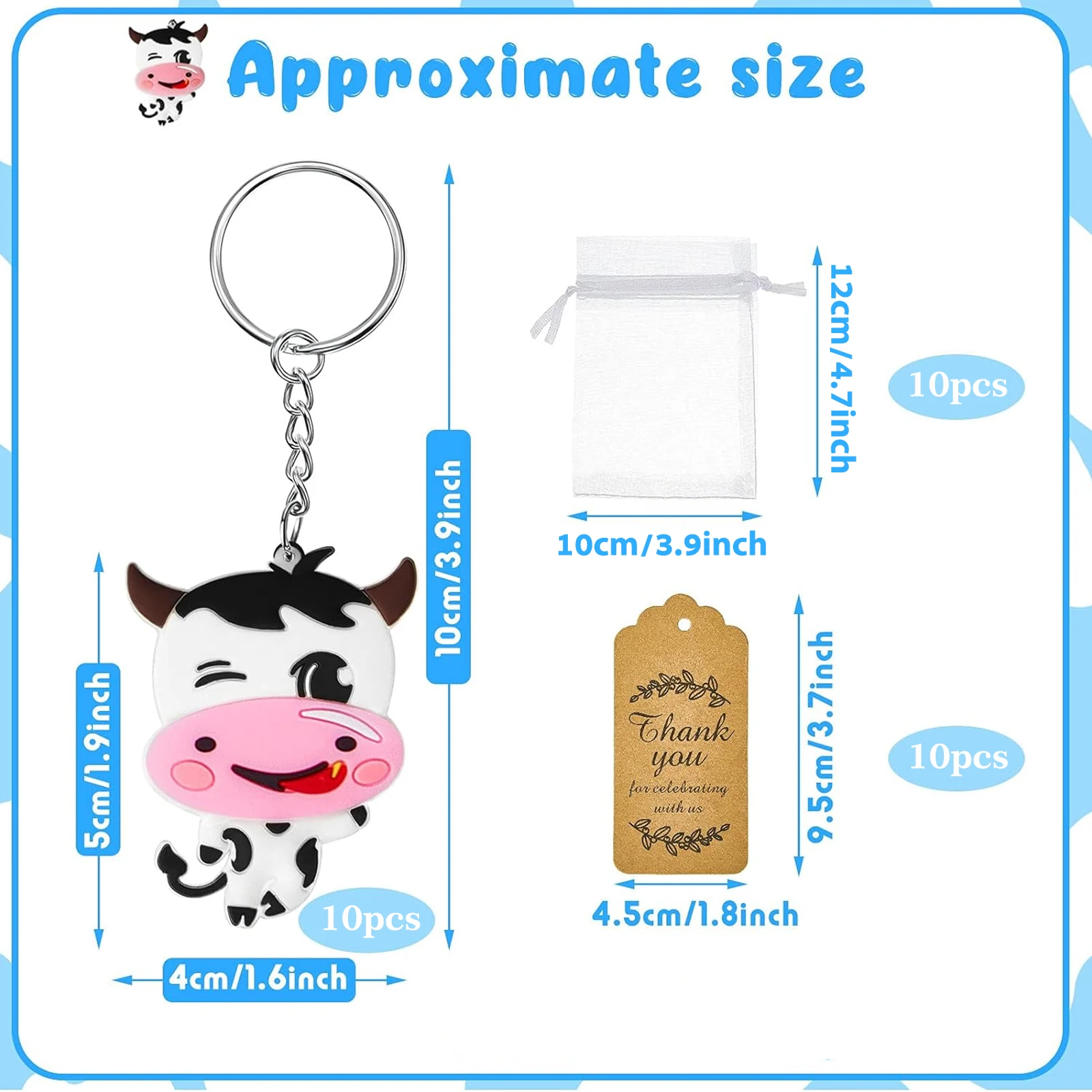 30 Pack Dairy Cow Party Return Favors with 10 Cow Keychain, 10 Thank You Tags and 10 Gift Bags for Cattle Farm Animal Party