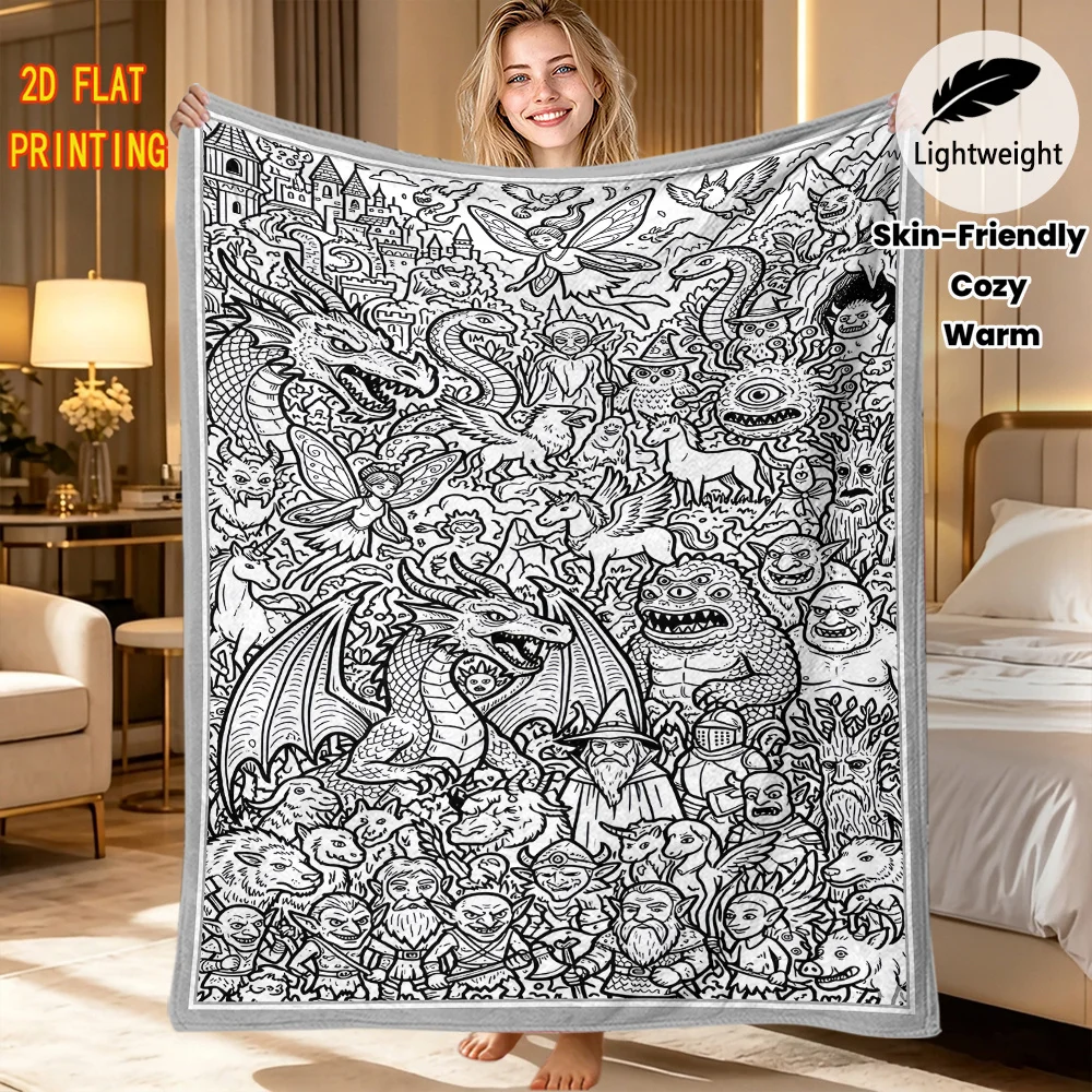 Busy Fantasy Dragon Scene DIY Blanket Coloring Flannel Throw Blanket Skin Friendly Warm Blanket Handcraft Gift Art Hobby Fans