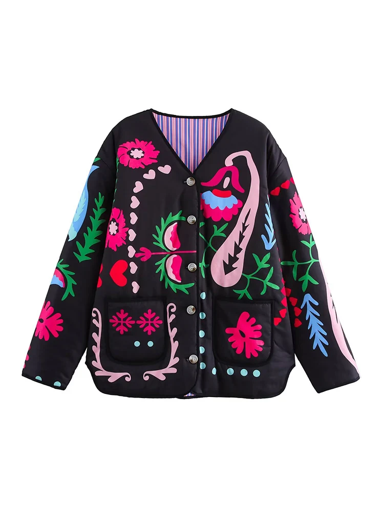 

Новая женская модная и универсальная свободная хлопковая куртка/пальто в европейском стиле с v-образным вырезом и принтом.