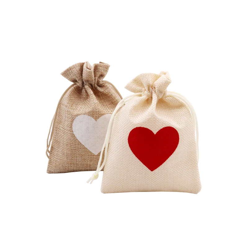 5Pcs/Lot 10x14 13x18cm Small Jute Bags Hearts Design Wedding Drawstring Pouch Candy Gift Bag Bracelets Jewelry Packaging Bags