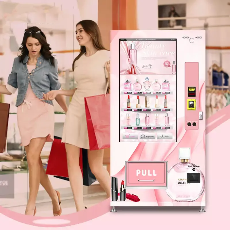 50 นิ้ว Touch Screen แก้วขวดเครื่องหยอดเหรียญลิฟท์น้ําหอมเล็บลิปสติก Eyelash Beauty เครื่องสําอาง VendingMachine