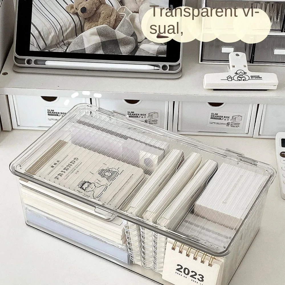 Desktop Storage Box Transparent PET Desk Stationery Hand Account Storage Box Large Capacity Drawer Cosmetic Organizer