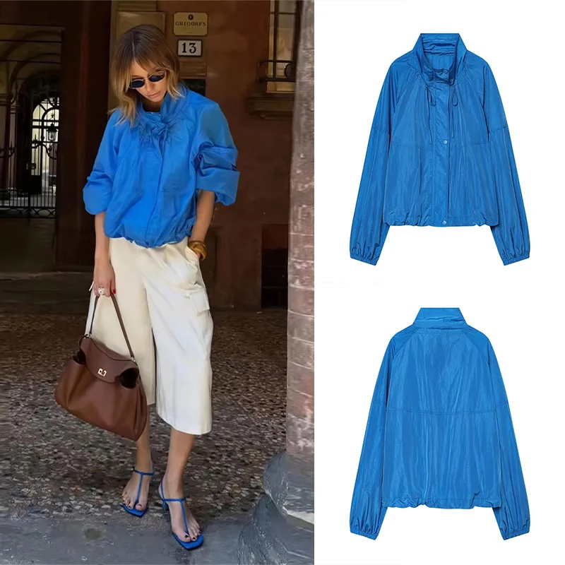 Guobioziy Women's Pleated Nylon Jacket 2026 Solid Color New Zipper High Collar Casual Fashion Trendy Street Style Women's Coat