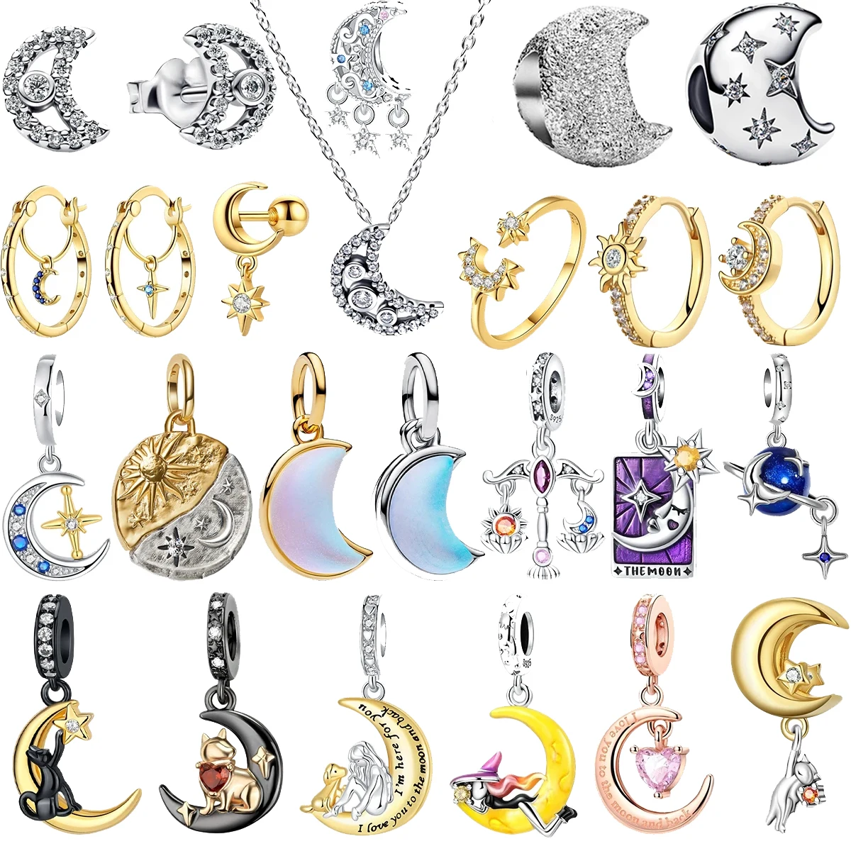 

Trendy 925 Sterling Silver Moon &Stars Charms Beads Earrings Rings Necklaces fits Original Bracelets for Women DIY Jewelry Gifts