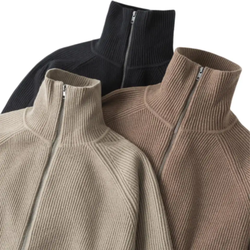 Zippered Casual Knitted Sweater Car Coat Half High Collar Men's Style Autumn Winter Loose Fit Youthful Vitality Long Sleeve