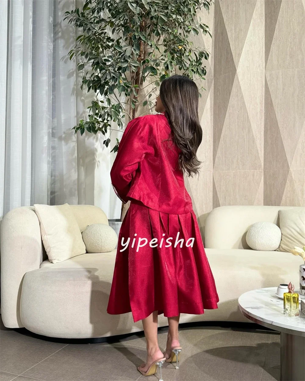Customized Satin Sequined Ruched Party A-line V-neck Bespoke Occasion Gown Midi Dresses image 3