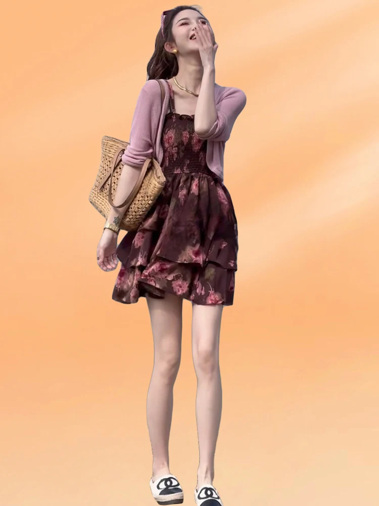 Faionable طباعة الأزهار ort Strapl Dr المرأة التخسيس صيف 2024 النسخة الكورية الجديدة تجمع الخصر لينة النسيج...