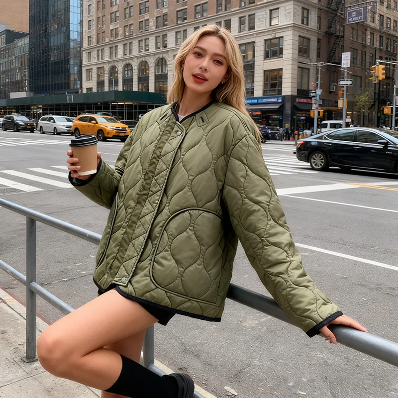 

Осень/зима 2026, женская двусторонняя куртка на хлопковой подкладке с ромбовидным узором, модная уличная одежда, однобортная куртка с карманами