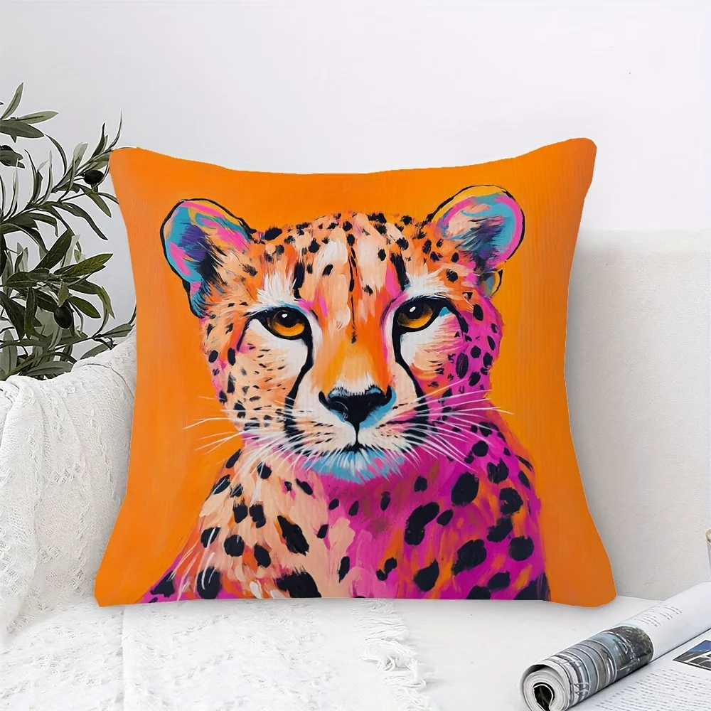 1pc Bright Orange Pink Leopard Pillow Cover 18x18 Inch Soft Short Plush Single-Sided Zipper Sofa Living Room Bedroom Decor