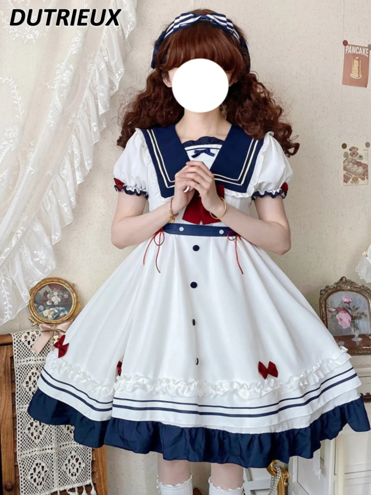 

Summer Sailor Collar Long Sleeve Op Lolita High Waist Dress Daily Sweet Cute Girl Color Matching White Dresses Full Set