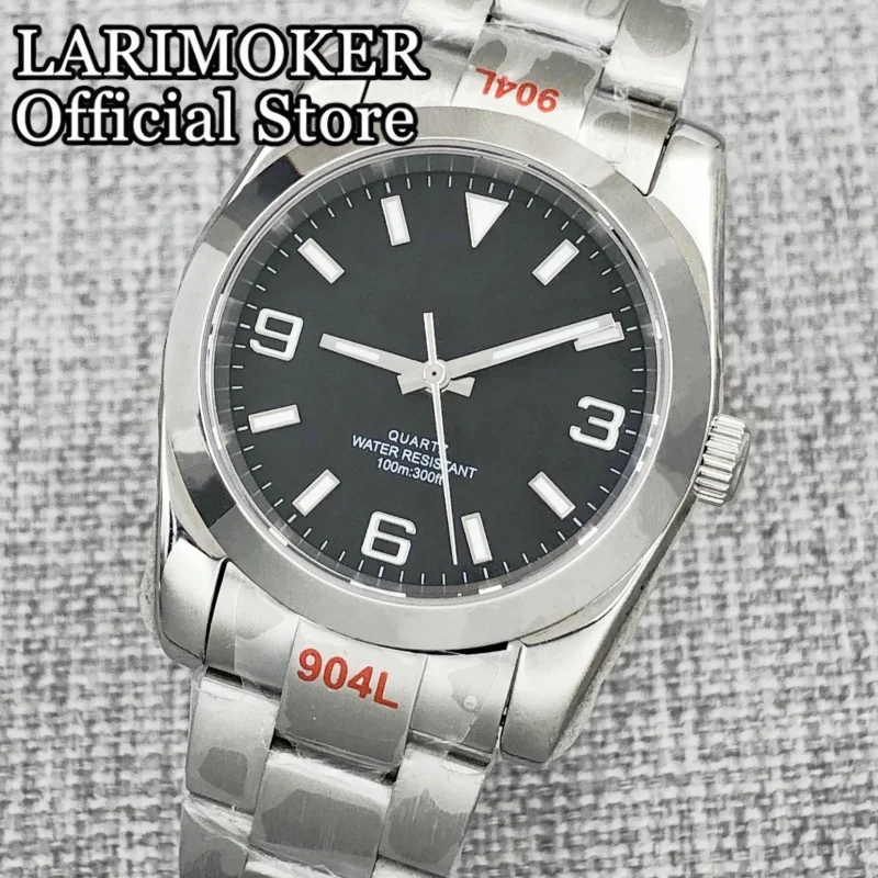 LARIMOKER Jam Tangan Hitam 36Mm/39Mm dengan Dial Kaca Safir Pria Bercahaya Hijau RONDA 515 Gerakan Kuarsa Jam Tangan Tahan Air 10Bar