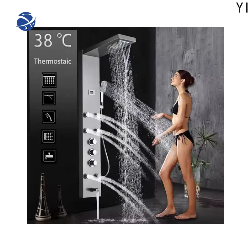 YYHC SUS304 shower system Hot Sell Bathroom Stainless Steel LED Waterfall Shower Panels Wall Mounted Black Shower Column