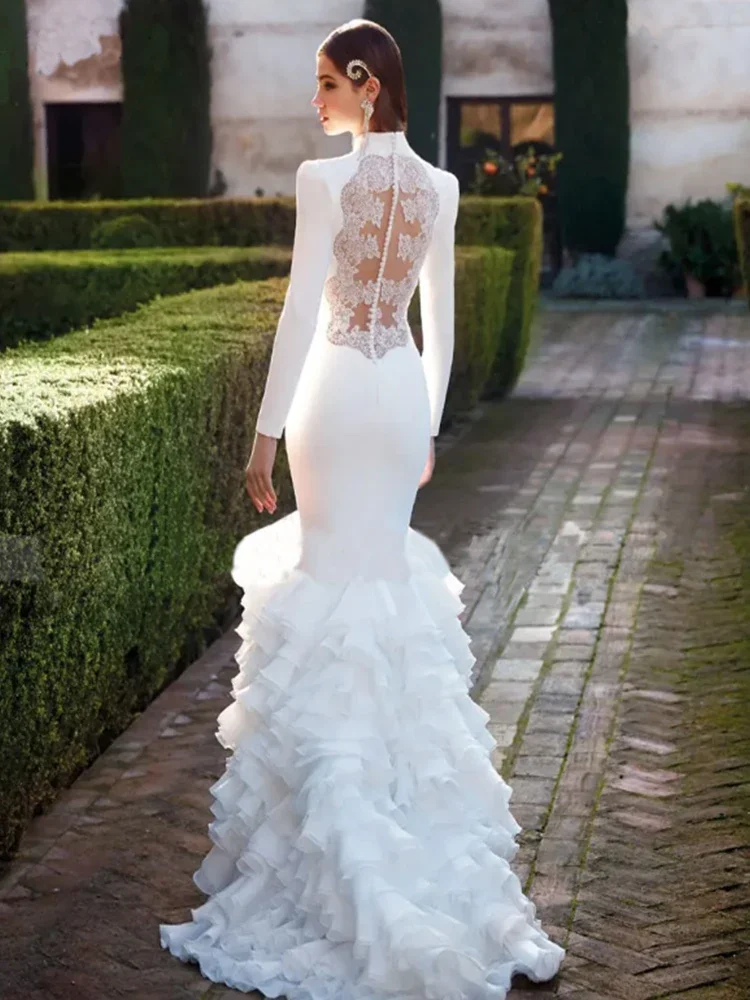 فستان زفاف أنيق بأكمام طويلة حورية البحر ورقبة على شكل V عميقة ومزين بكشكشة من الخلف لحفلات الزفاف للنساء فيستدو دي نوفيا
