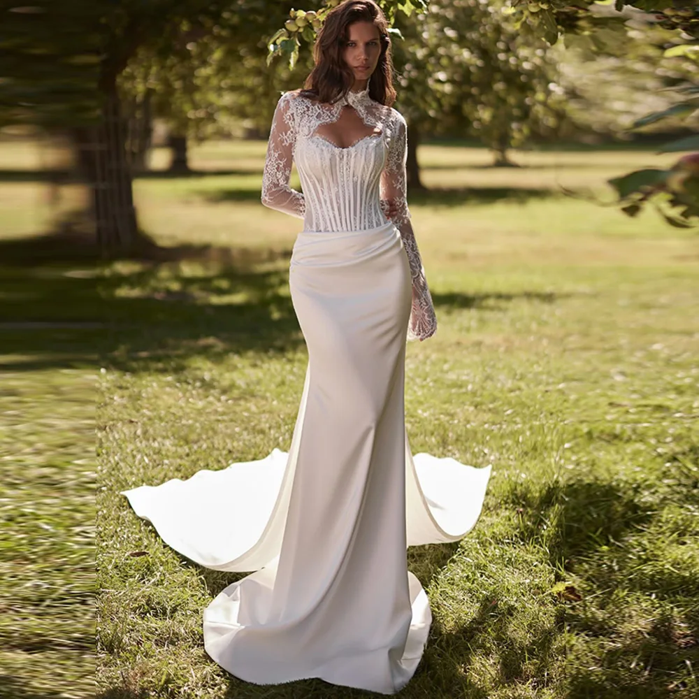 Customized High Collar Long Sleeves Bridal Gowns Elegant Mermaid Satin Wedding Dress Exquisite Appliques Lace Vestido De Novia