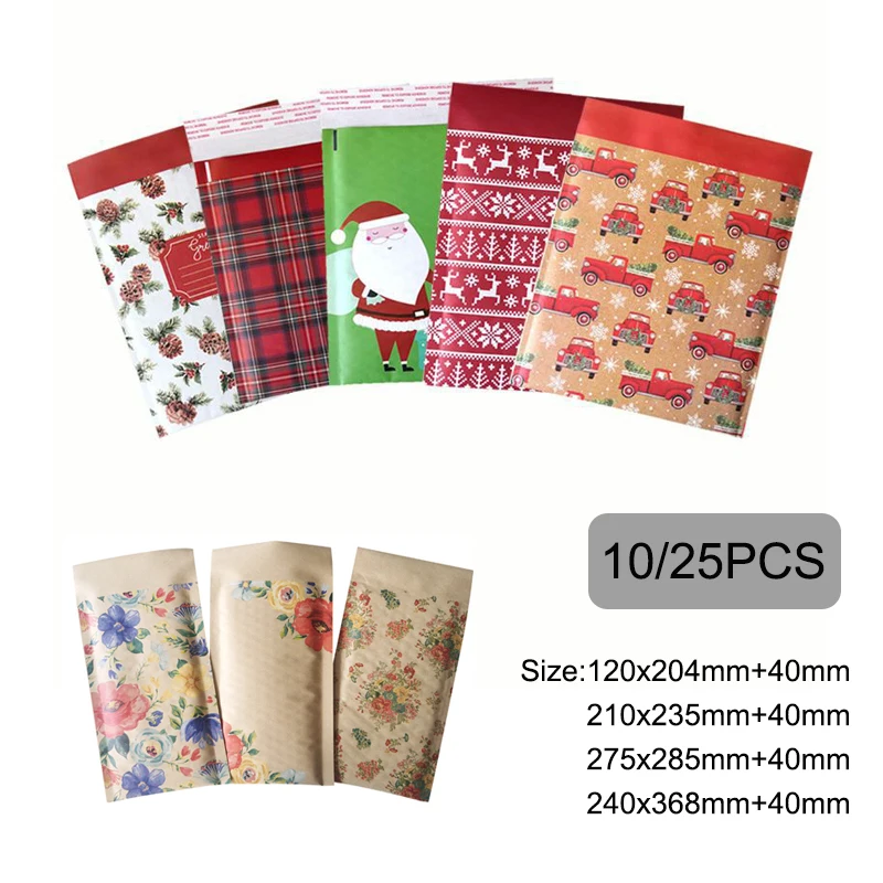 10/25Pcs Kraft Bubble Mailers with Christmas Elements Self Adhensive Packaging Bags for Gifts Clothes Thick Kraft Bubble Envelop