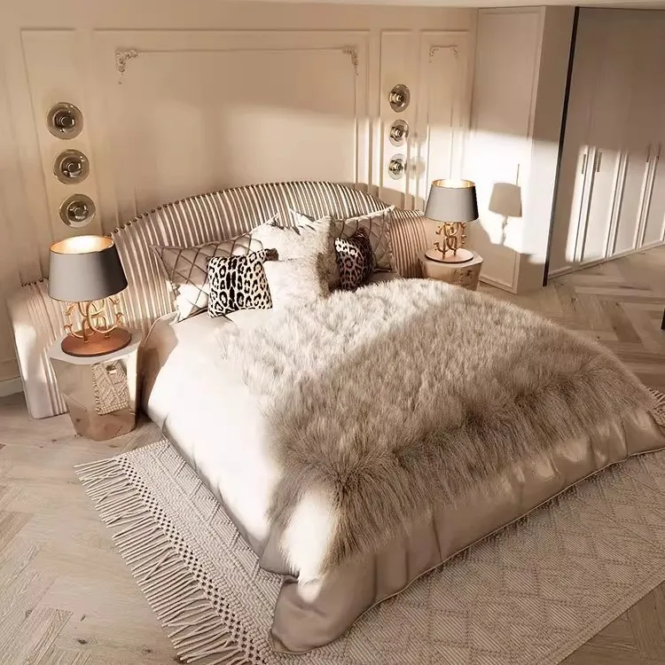 Light luxury matte leather widescreen bed villa large flat luxury double bed modern simple wedding bed