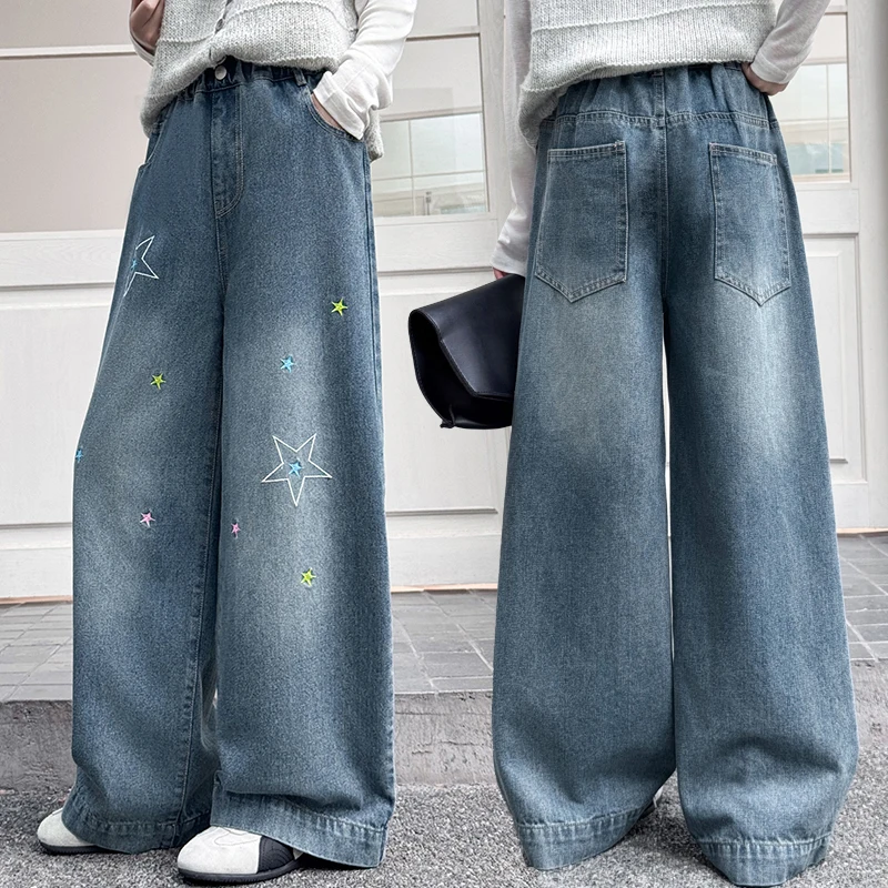 

New 2025 Teenager Girl Blue Jeans with Stars Fashion Retro Wide Leg Denim Pants Kids Child High Fashion Street Trousers 5-14 Y
