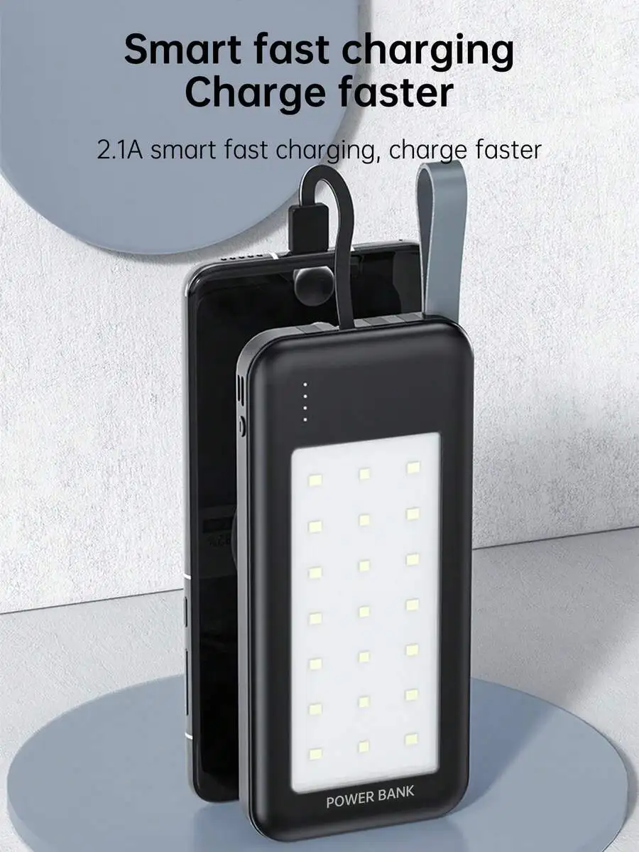 

10000-30000mAh Portable Power Bank With LED Light And Built-In Cable Fast Charging 2.1A