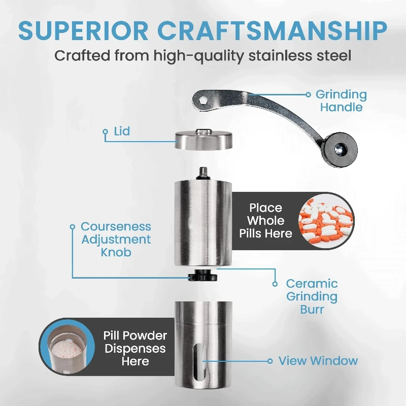 Stainless Steel Pill Crusher Pill Grinder Large Capacity Manual Pill Splitter Cuts Pills Into Fine Powder Mills for Feeding Tube
