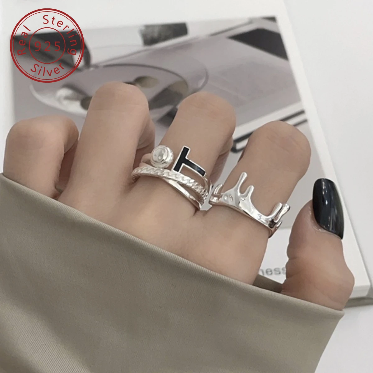 925 silver smiling face T words ring and lava water droplet ring, niche cold bland personality, light luxury senior feeling