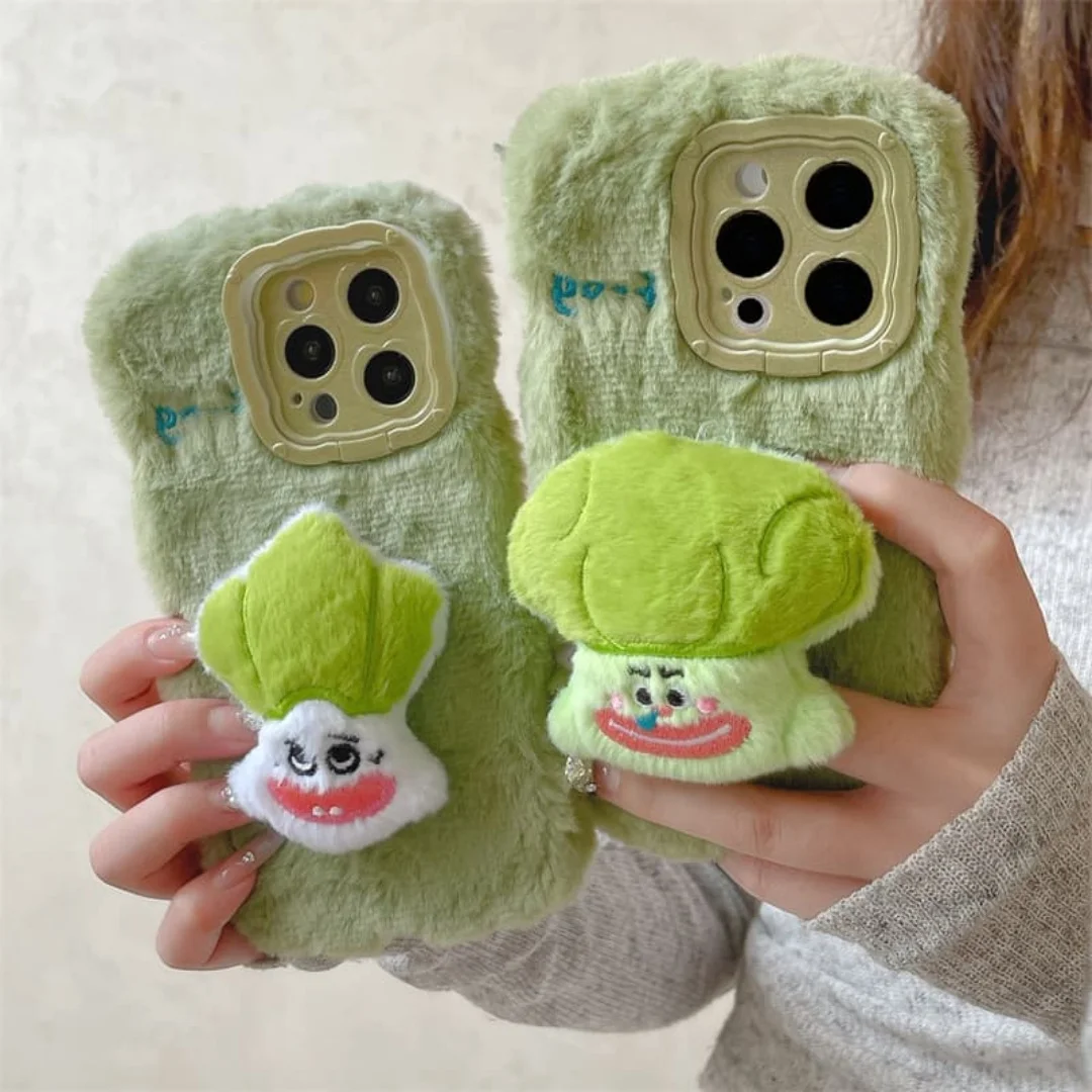 

Funny Plush Chinese cabbage Balsam pear Doll Green Pattern Phone Case For iPhone 17 16 15 14 13 Pro Max Fashion Cute Soft Cover﻿