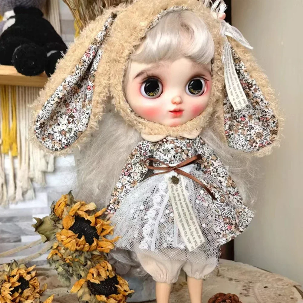 Boneca artesanal saia vestido com orelha grande chapéu de coelho boneca vestido estampado floral para blythes ymy licca azones ob24 ob27 fr boneca