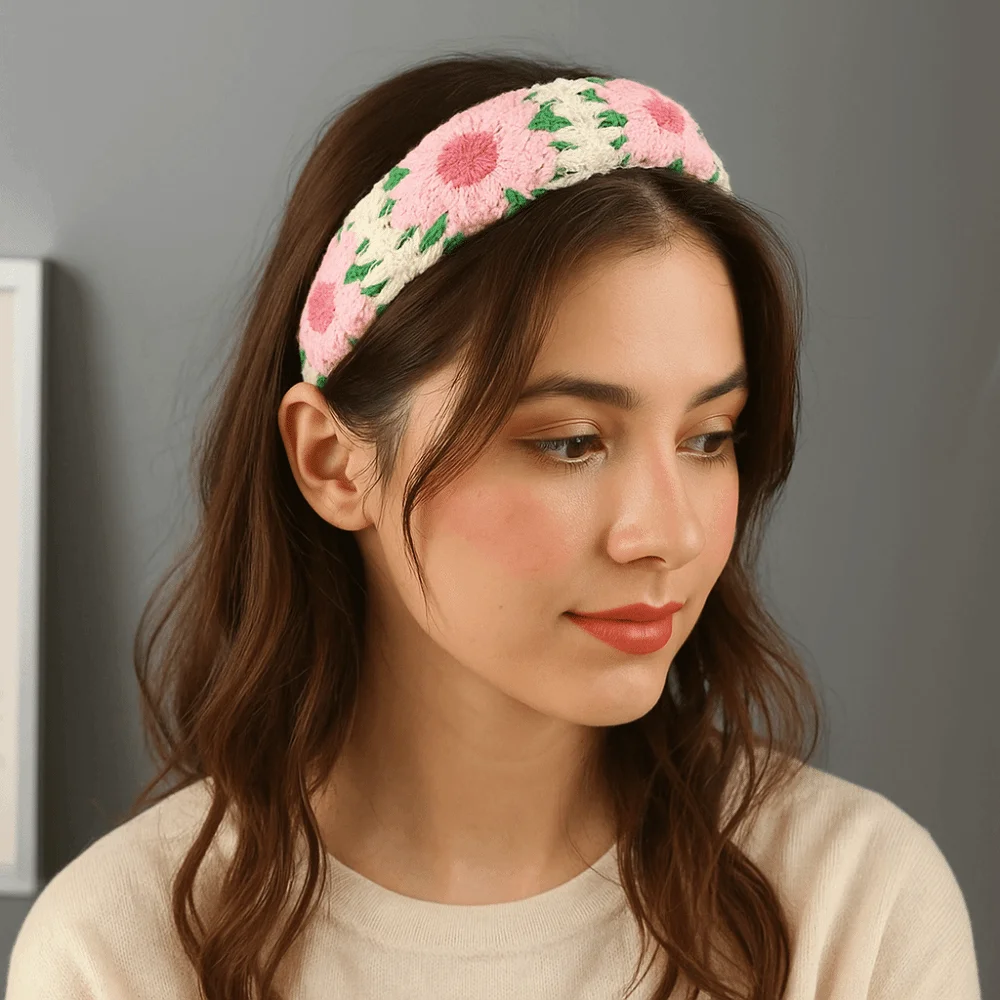 

Fashion Soft Knitted Headband Embroidery Flower Handmade Female Ethnic Hairband Hair Accessories Summer Seaside Vacation
