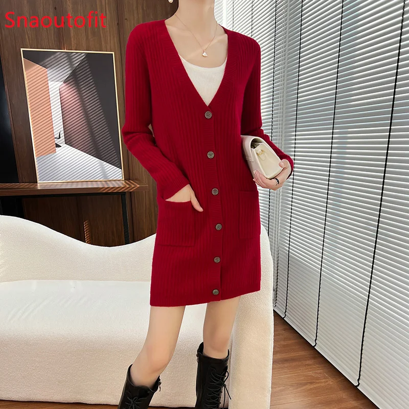 

Spring/Autumn V-Neck Pure Wool Knitted Cardigan Women's Mid-Length Loose Buttock Covering Sweater Fashion Noble Cashmere Coat