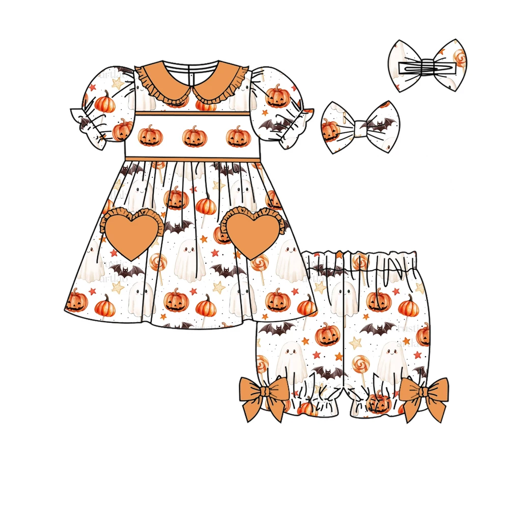 Halloween Boutique Boys and Girls Set Lapel Ruffle Puff Sleeves Pair with Trousers Love Pocket Ghosts and Pumpkins Print