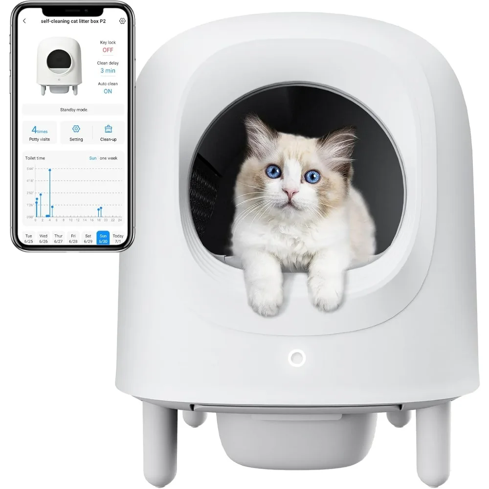 

Self Cleaning Litter Box, Automatic Cat Litter Box Self Cleaning, Anti Pinch Kitty Litter Box with Odor Removal and APP Control