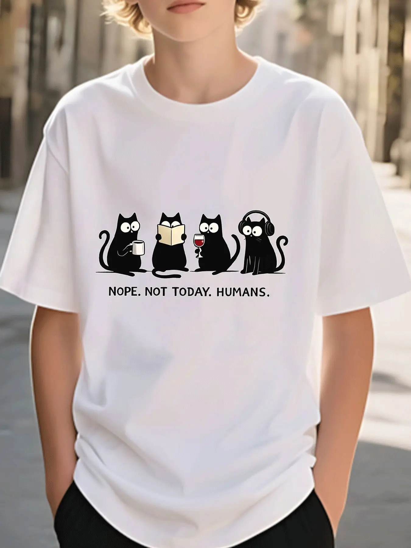Four Lazy Black Cats Slogan Family Matching Cotton T Shirts Short Sleeve Summer Tees For Mom Dad Boys Girls Daily Tops