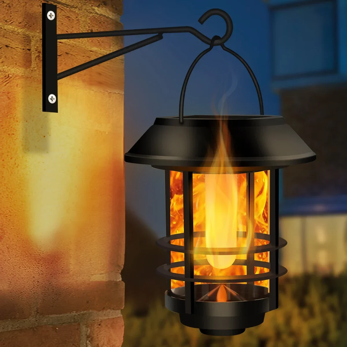 Outdoor Hanging Solar Lantern, Waterproof Flickering Flames Lantern Lights with Wall Mount Kit for Garden Porch Fence