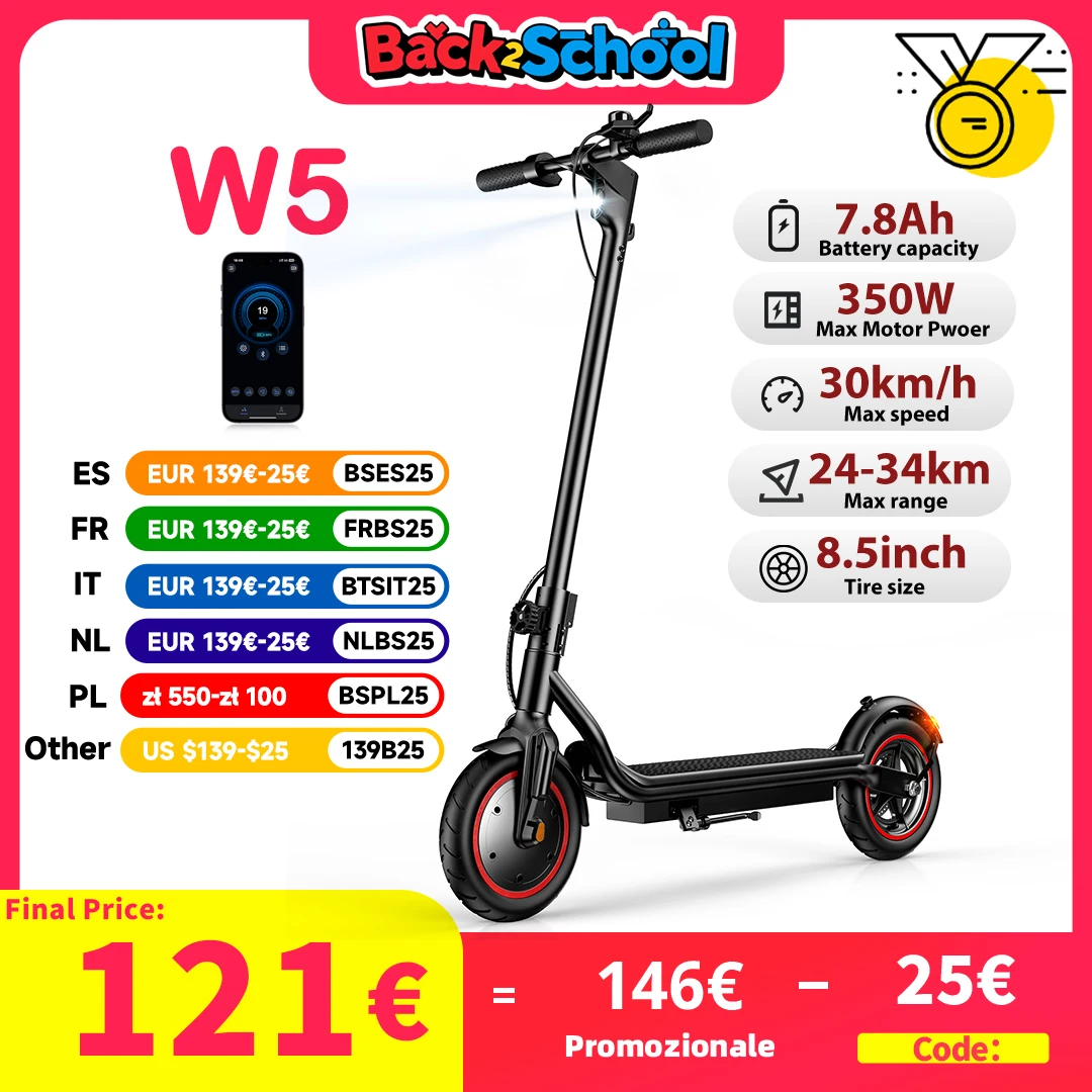Scooter elettrico W5 Pneumatico gonfiabile da 8,5 pollici 350W 36V7.8Ah Velocità massima 30 km/h Portata 24-34 km Doppio freno con scooter elettrici APP