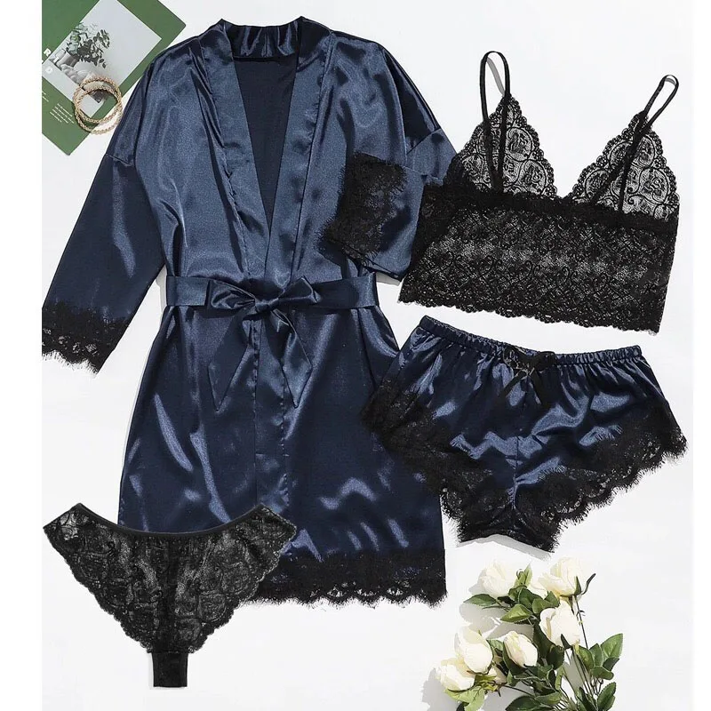 European American Pajama Sets sexy women\'s sleepwear 4-piece set lace satin seduction suspender sleepwear nightgown nightdress