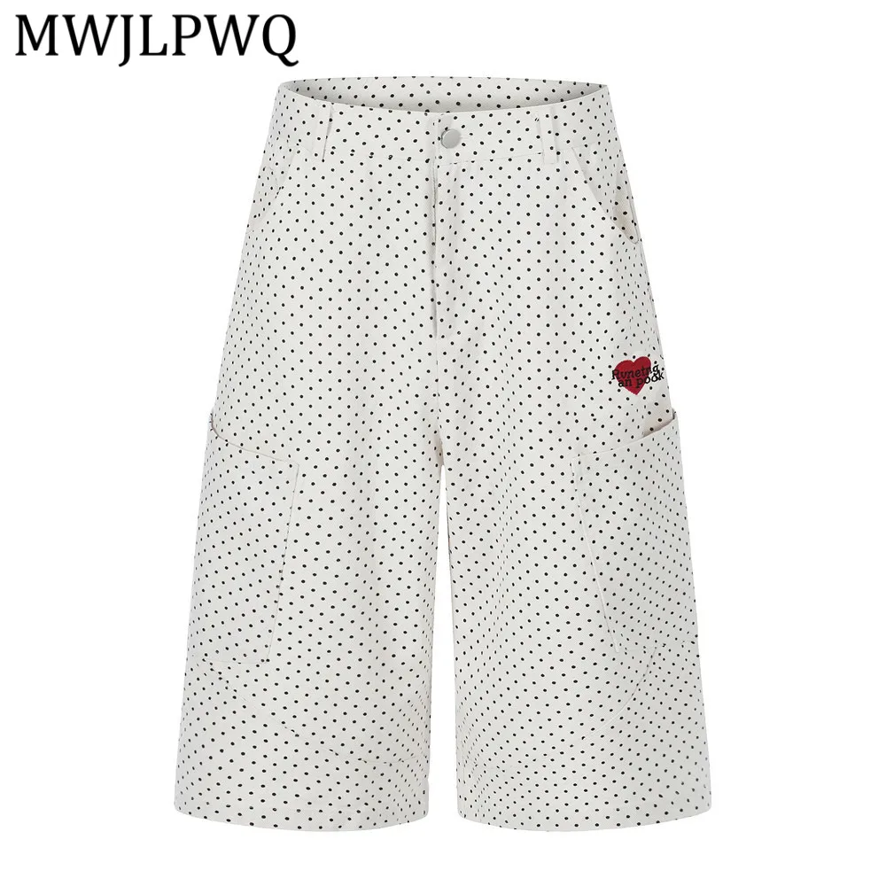 

MWJLPWQ Polka Workwear For Men Summer Fashion Street Style Dot Heart Embroidery Large Pocke Wide-Leg Straight Shorts 15681