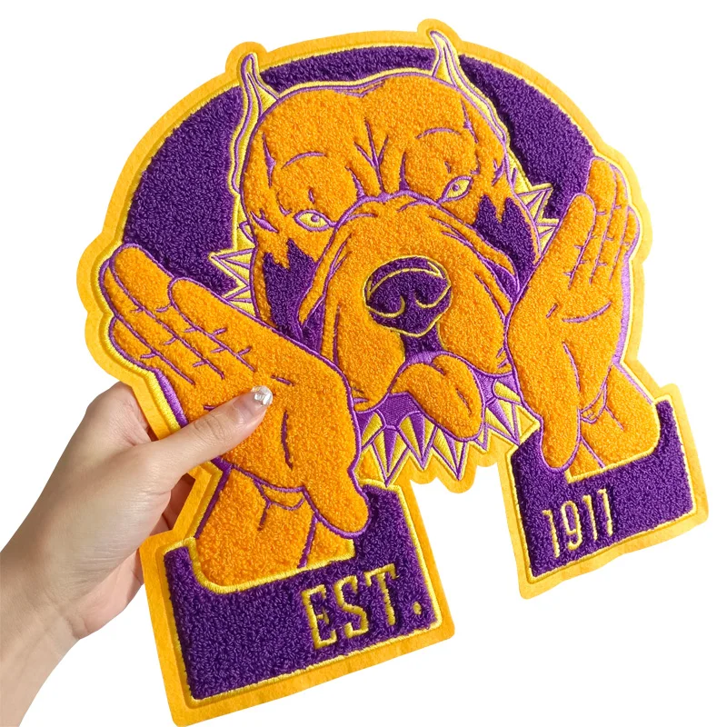 11\'\' Omega Psi Phi Fraternity Men of Greek 1911 Gold and Purple Chenille Bulldog Iron on Patch for Jacket