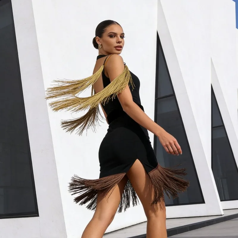 

New Latin dance suit tassel backless dress national standard dance suit adult practice suit