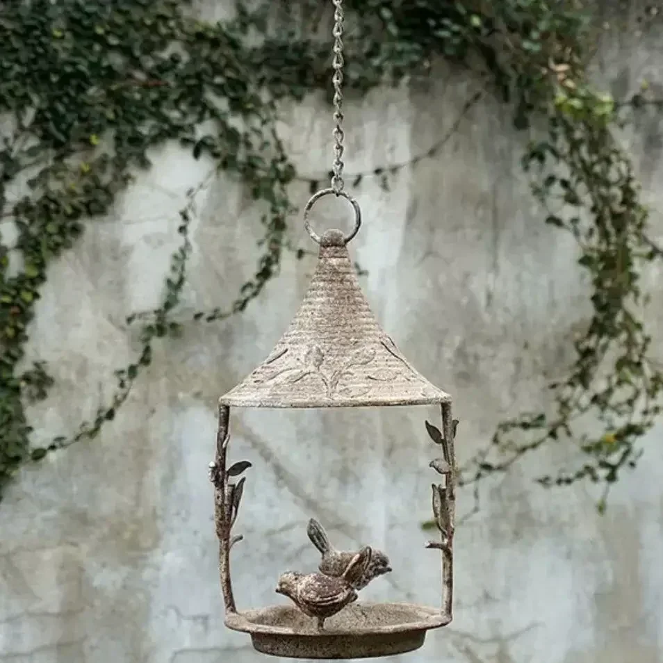 Iron Hanging Umbrella Shaped Bird Feeder Three Little Birds Birdcage Flower Rack Outdoor Garden Iron Chain Hanging Flower Pots