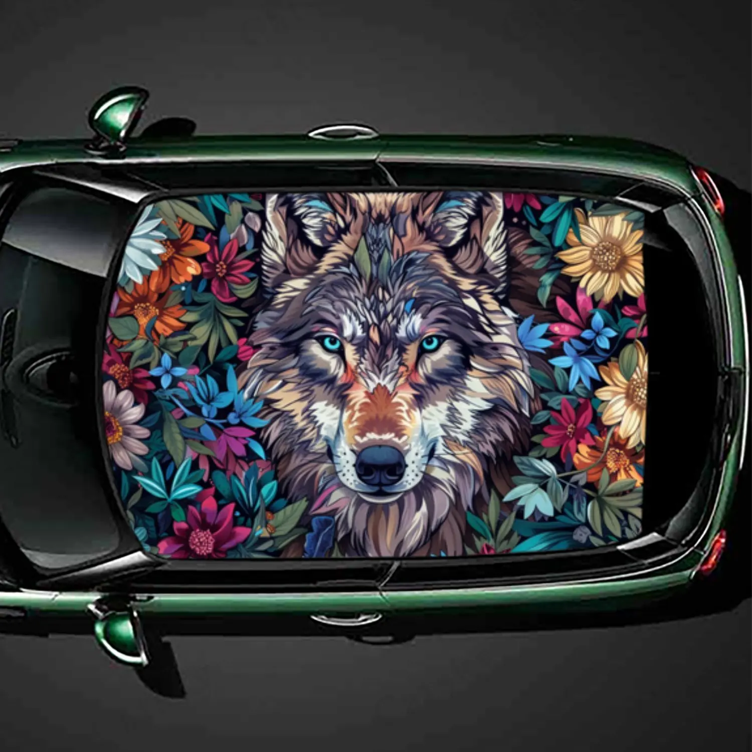 Wild Wolf with Floral Surround Car Roof Sticker PVC Self Waterproof stick , Striking Auto Exterior Accessories Decoration Protec