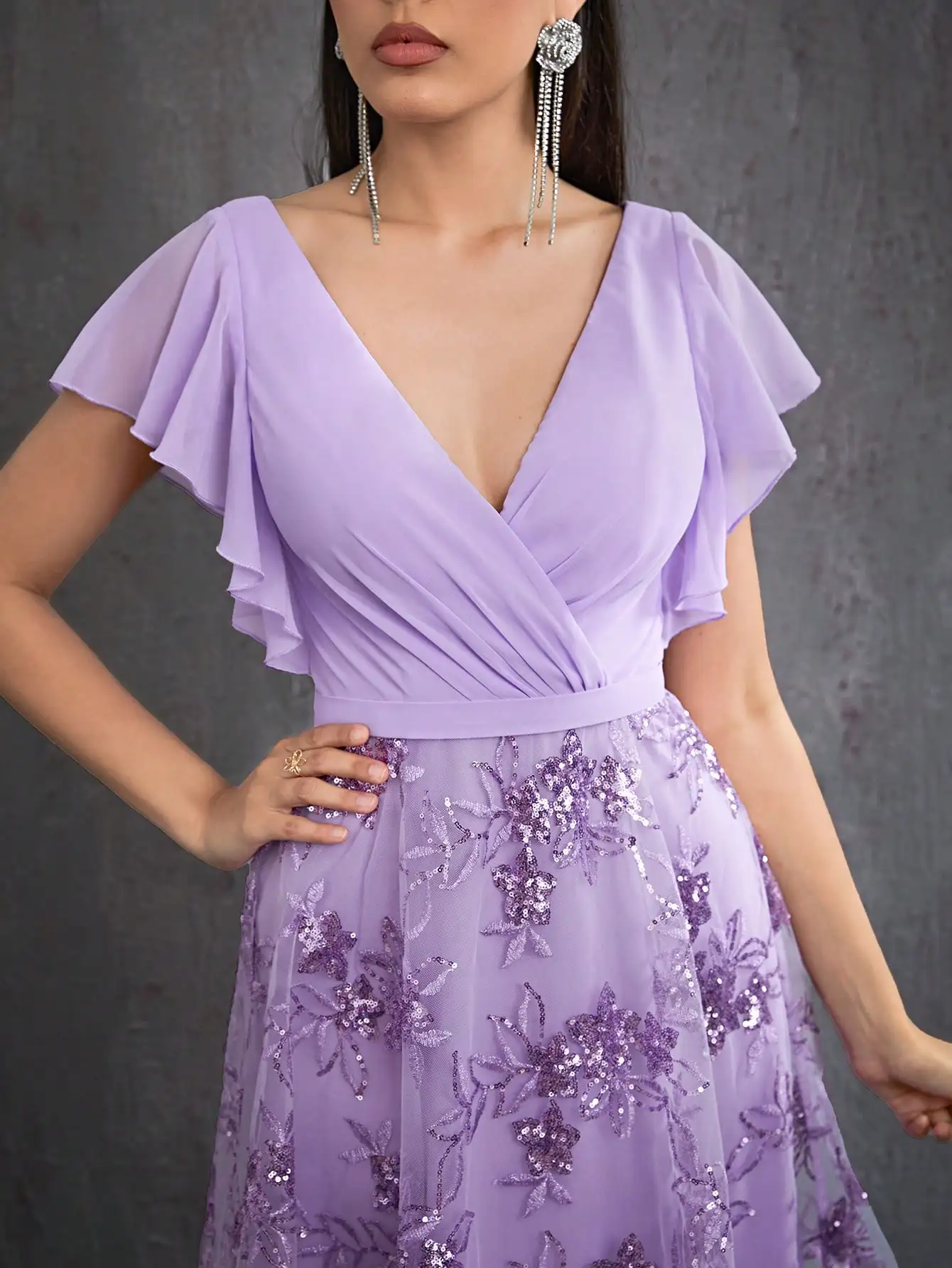 Mgiacyv-robe de soirée courte haut de gamme en mousseline de soie perlée, manches à volants, maille perlée