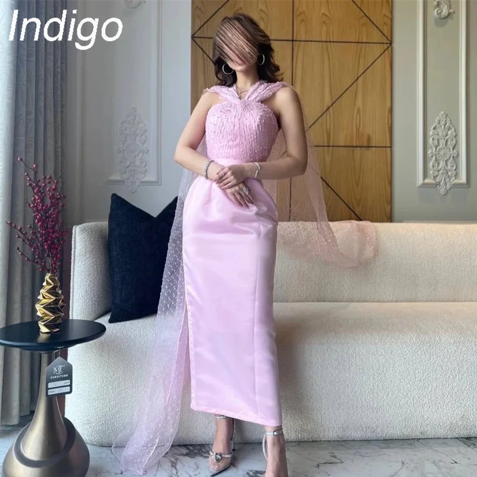 Indigo Evening Dress Fashion V Neck Sheath Ankle-Length Sleeveless Dot Tulle Formal Evening Gowns  فساتين الحفلات Customized