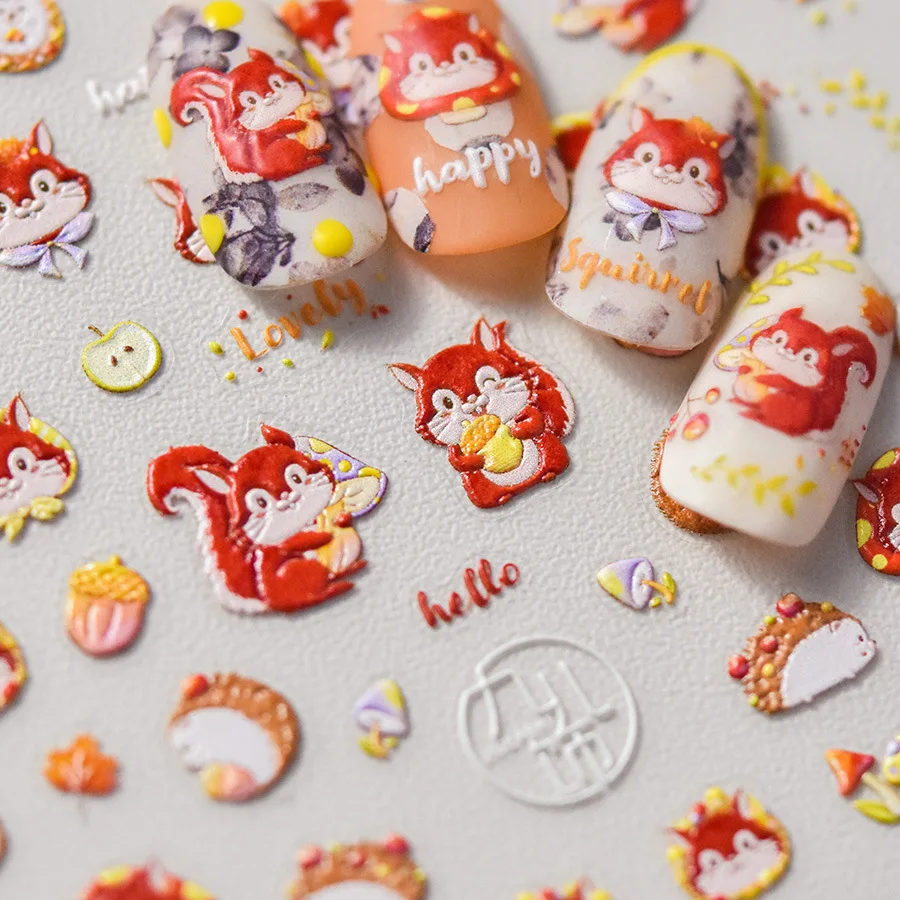 Cute Cartoon Red Hedgehogs Squirrels Fruit Dessert Dog Cat Soft Embossed Relief Self Adhesive Nail Art Sticker 3D Manicure Decal