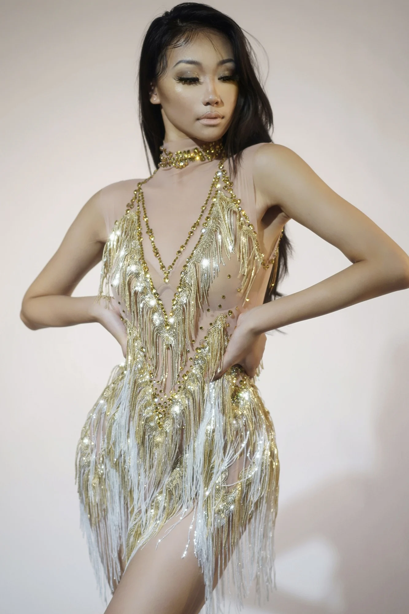 2025 Goldedn Omzoomde Feestjurk Vrouwen Gogo Danser Kleding Festival Bodysuit Siner Stage Performance Jurk Nachtclub Bar Outfit