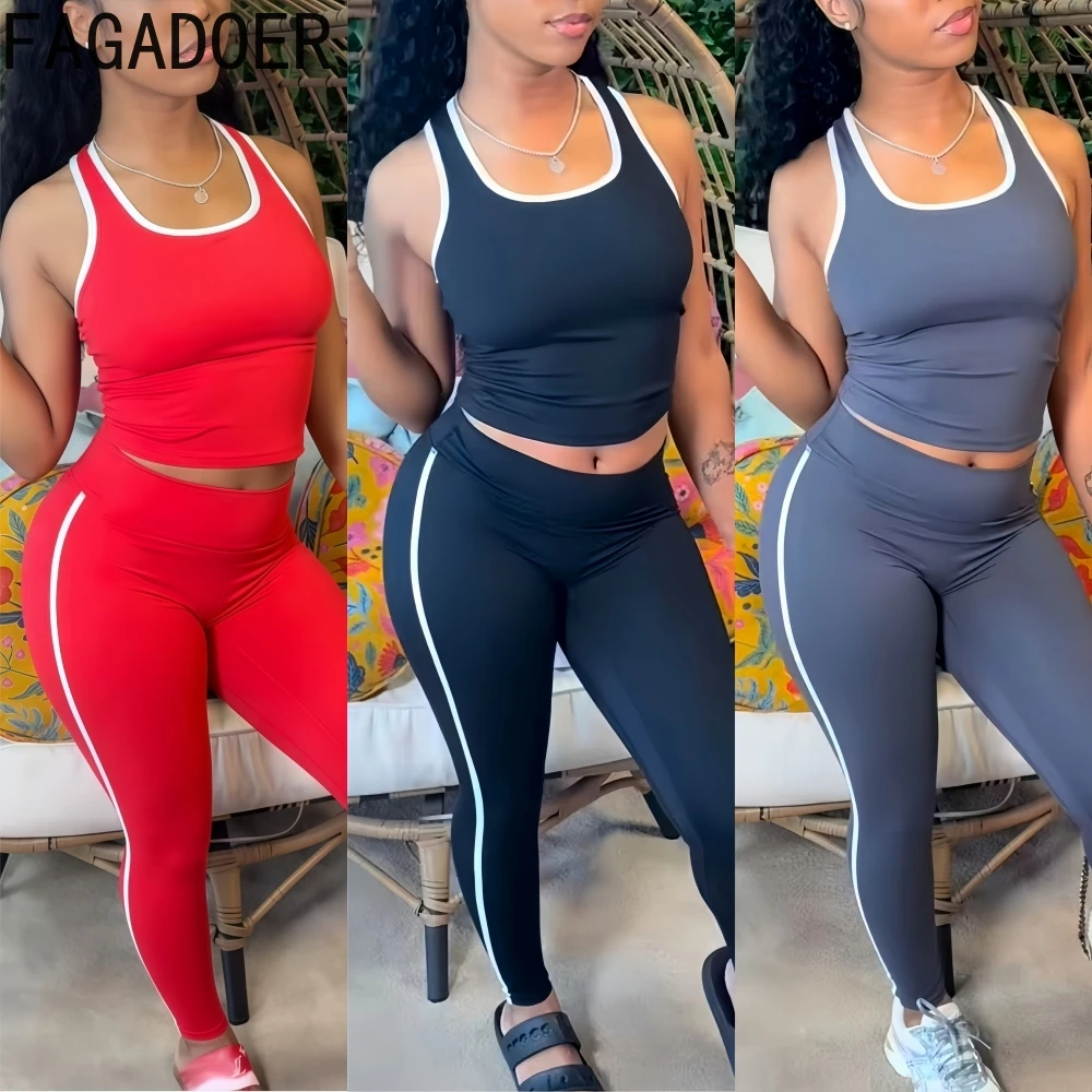 

FAGADOER High Quality Fashion 2 Pieces Set for Woman Outfit Sleeveless Backless Crop Top and Pants Matching Female Streetwear