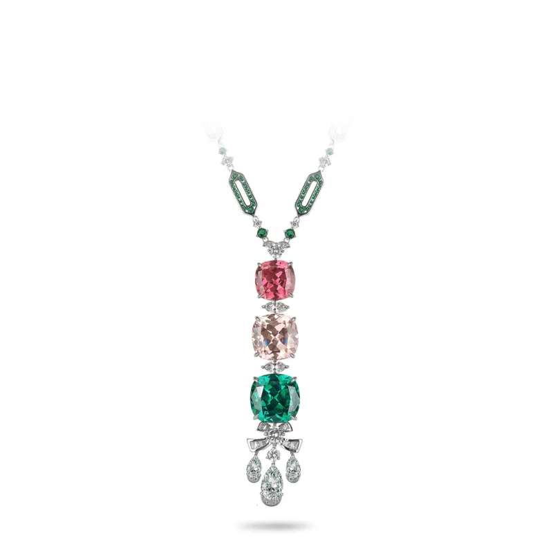 Bellux Pendant Necklace 925 Silver Synthetic Zircon Colored Gemstone Monet Garden Y-shaped Tassel Luxury Necklace