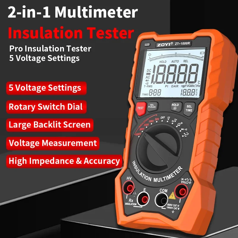 

ZOYI ZT-1000R Insulation Resistance Meter Digital Megohmmeter High-Precision 2-in-1 Multimeter 1000V Electronic Shaker Meter