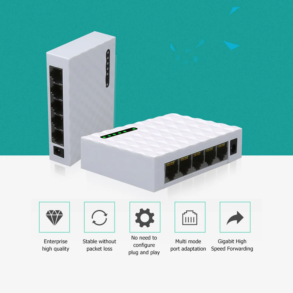 5 Port Gigabit Network Switch 1000Mbps RJ45 LAN Desktop Fast Ethernet Switching HUB Shunt with EU/US Power Adapter for Monitor